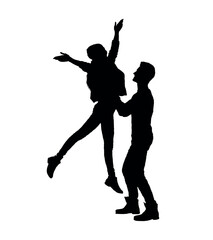 Fototapeta premium Man lifting woman up in the air isolated on white background silhouette.