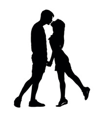 Man standing and kissing woman vector silhouette.