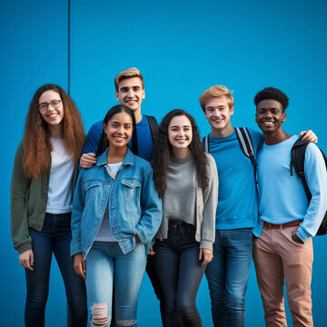Young good looking college students standing against blue wall, multi cultural diversity