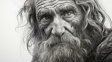 An intricate pencil drawing capturing the weathered face of a wise old fisherman, telling tales of the sea in his wrinkles