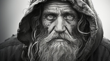 An intricate pencil drawing capturing the weathered face of a wise old fisherman, telling tales of the sea in his wrinkles