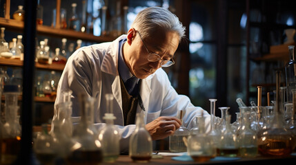 A detailed portrait of a scientist in a lab coat, surrounded by beakers and scientific instruments, deep in thought