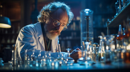 A detailed portrait of a scientist in a lab coat, surrounded by beakers and scientific instruments, deep in thought - obrazy, fototapety, plakaty