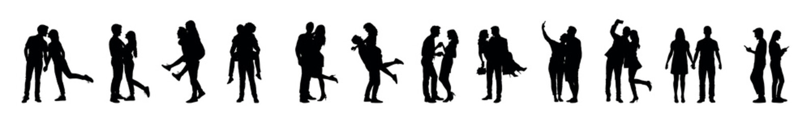 Romantic couple fall in love in various poses isolated on white background silhouettes set.