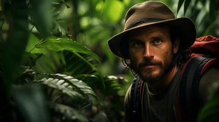 Fotobehang A portrait of an explorer deep in the heart of the jungle, surrounded by lush foliage and the mysteries of the unknown © Наталья Евтехова