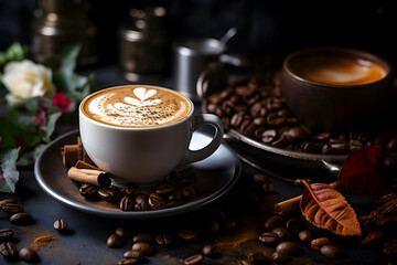 Cup of coffee on dark background. Aesthetic photo of coffee. International coffee day
