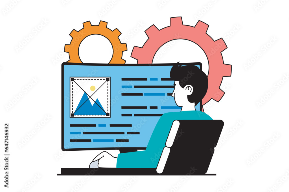 Poster Web development concept with people scene in flat design. Man creating homepage at computer screen, making settings and optimization. Vector illustration for social media banner, marketing material.