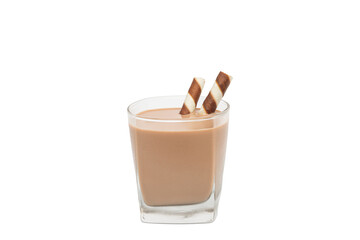 Chocolate milk with chocolate flavored wafer sticks in a glass isolated on white background. Clipping Path