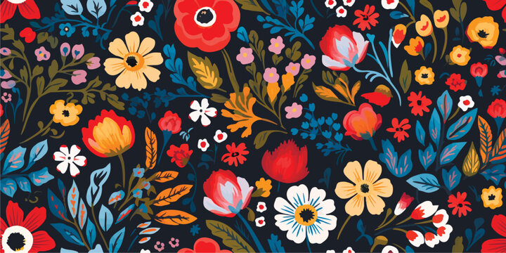 Floral ethno wild folk gouache flowers in black background. Set of country style bouquet. Rustic chic. Use for textile design, wallpaper, covers, surface, print, gift wrap, scrapbooking, decoupage