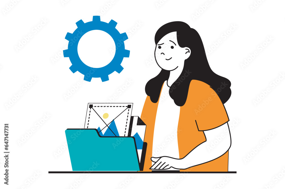 Fototapete web development concept with people scene in flat design. woman creating interface templates and con