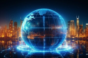 Fototapeta na wymiar Earth globe bathed in neon lights, representing global communication technologies in 3D