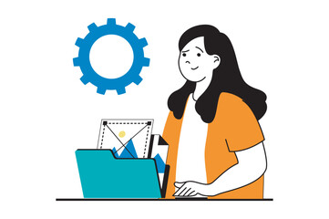 Web development concept with people scene in flat design. Woman creating interface templates and constructing homepage ui layouts. Vector illustration for social media banner, marketing material.