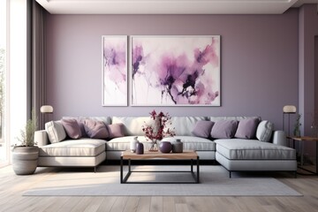 Living Room With Full Wall Flat Geometric Lavender Generative Ai
