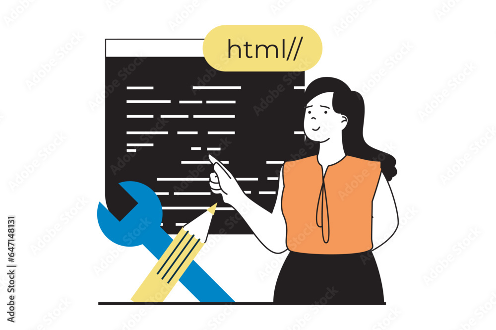 Aufkleber Web development concept with people scene in flat design. Woman coding and engineering, making application settings and optimization. Vector illustration for social media banner, marketing material.
