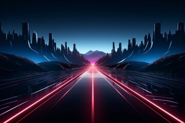 Glowing neon lines add intrigue to a dark road in vivid 3D rendering