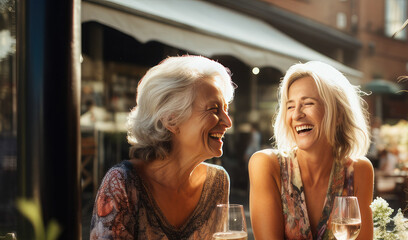 Two elderly women enjoying a glass of white wine