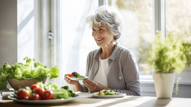 Senior woman preparing a salad in her kitchen