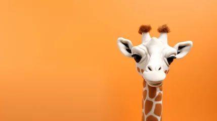 Tuinposter Toy giraffe peluche on pale dark orange background © tashechka