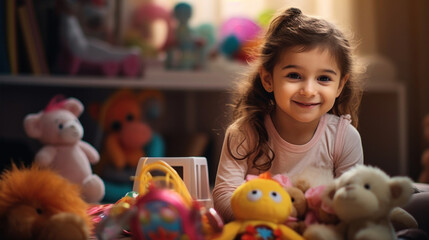 Fototapeta na wymiar A cute little girl looks at the camera, smiles and play with toys