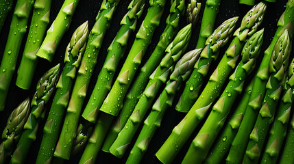 Fresh green asparagus with water drops background. Vegetables backdrop. Generative AI