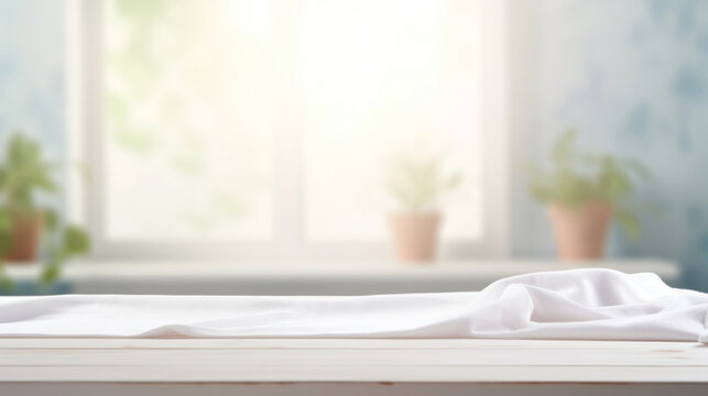 White empty table background on blured laundry background