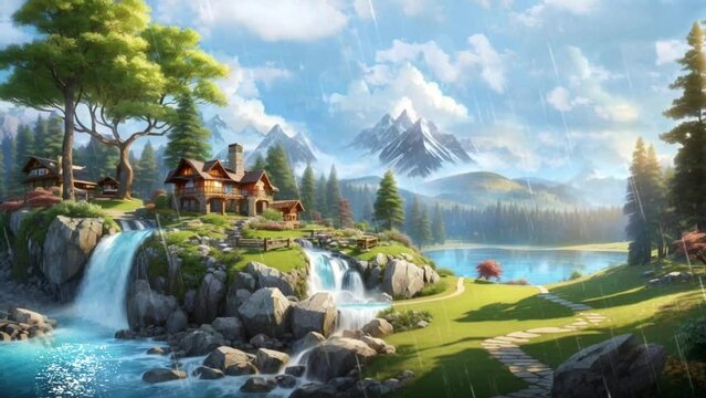 beautiful landscape with mountain and river, anime style, seamless looping video background animation, cartoon style
