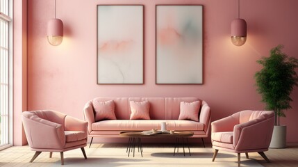 Fototapeta premium Against a pink stucco wall with a poster frame, pink sofa and armchairs lie next to a pink stucco wall with pink sofas and armchairs. Art deco interior design of modern living room