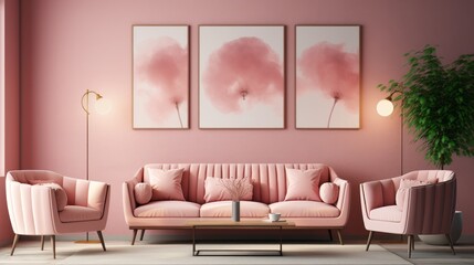 Against a pink stucco wall with a poster frame, pink sofa and armchairs lie next to a pink stucco wall with pink sofas and armchairs. Art deco interior design of modern living room