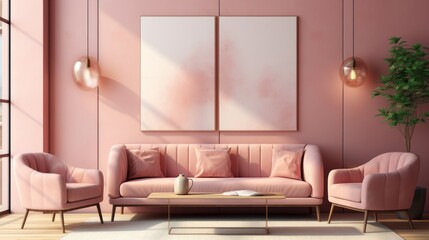 Against a pink stucco wall with a poster frame, pink sofa and armchairs lie next to a pink stucco wall with pink sofas and armchairs. Art deco interior design of modern living room