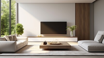 Modern minimalist living room with TV and beige sofa.