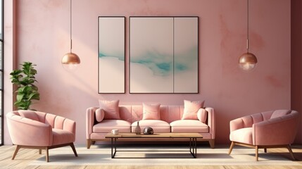 Against a pink stucco wall with a poster frame, pink sofa and armchairs lie next to a pink stucco wall with pink sofas and armchairs. Art deco interior design of modern living room - obrazy, fototapety, plakaty