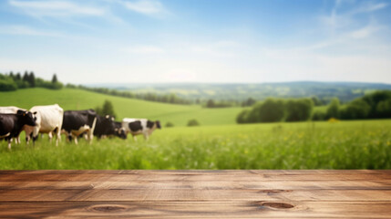 Empty wooden table top with blur background of cows pasture - obrazy, fototapety, plakaty