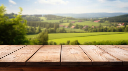 Empty wooden table top with blur background of farm