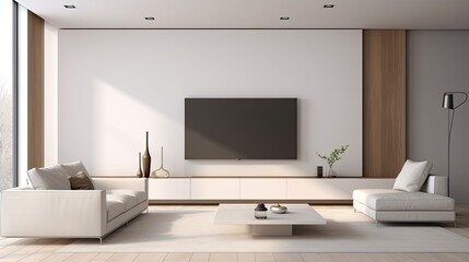 Modern minimalist living room with TV and beige sofa.
