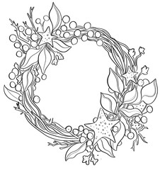 contour line illustration Christmas New Year decor wreath of branches with toys stylish frame element for postcard print coloring book