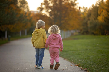 Cute blond toddler children boy and girl,walking in autumn park on sunset, enjoying the beautiful nature