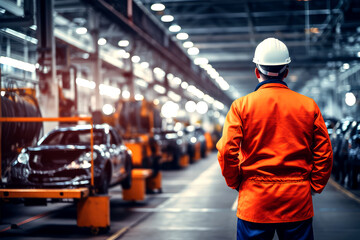 worker in car manufacturing factory on background