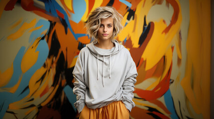 Obraz na płótnie Canvas Generative AI, stylish fashionable teenager with a trendy hairstyle on a colored background, beautiful girl, youth, student, party, new generation, zoomer, space for text