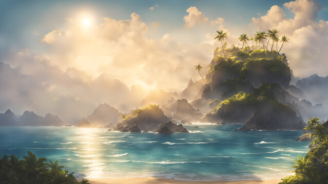 Beautiful oceanic island wallpaper landscape illustration, cloudy sky with mist and beautiful sunlight