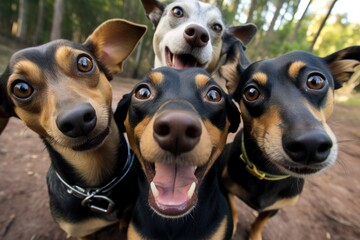 Group of black  pinscher dogs playing in the park. funny dogs making selfie, ai generative