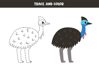 Trace and color cute cartoon cassowary. Worksheet for kids.