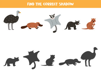 Find shadows of cute Australian animals. Educational logical game for kids. Printable worksheet for preschoolers.
