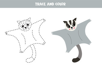 Trace and color cute cartoon sugar glider. Worksheet for kids.