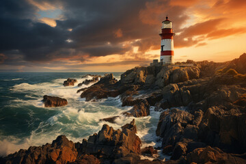 Remote lighthouse on a rocky coastline with the warm golden hues of sunset during golden hour, Generative AI