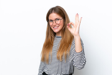 Young caucasian woman isolated on white background showing ok sign with fingers