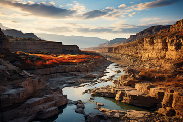 Fototapeta na wymiar Rugged canyon with a river winding through it with the last light of the golden hour, Generative AI