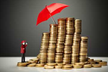 A young person protects a stack of coins from the rain with a red umbrella, money and finance image