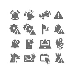 Reminder, notification bell vector icon set. Error message, problem flag and warning sign icons.
