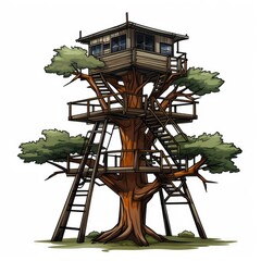 Cute Hunting Treestand with cartoon style isolated on a white background