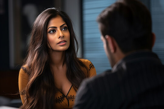 A well dressed Indian woman is discussing business with a colleague in the meeting space, manager and boss images